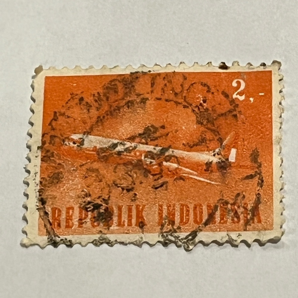 Vintage Old Postage Stamp Indonesia, 1964 Lockheed Electra Airliner Plane